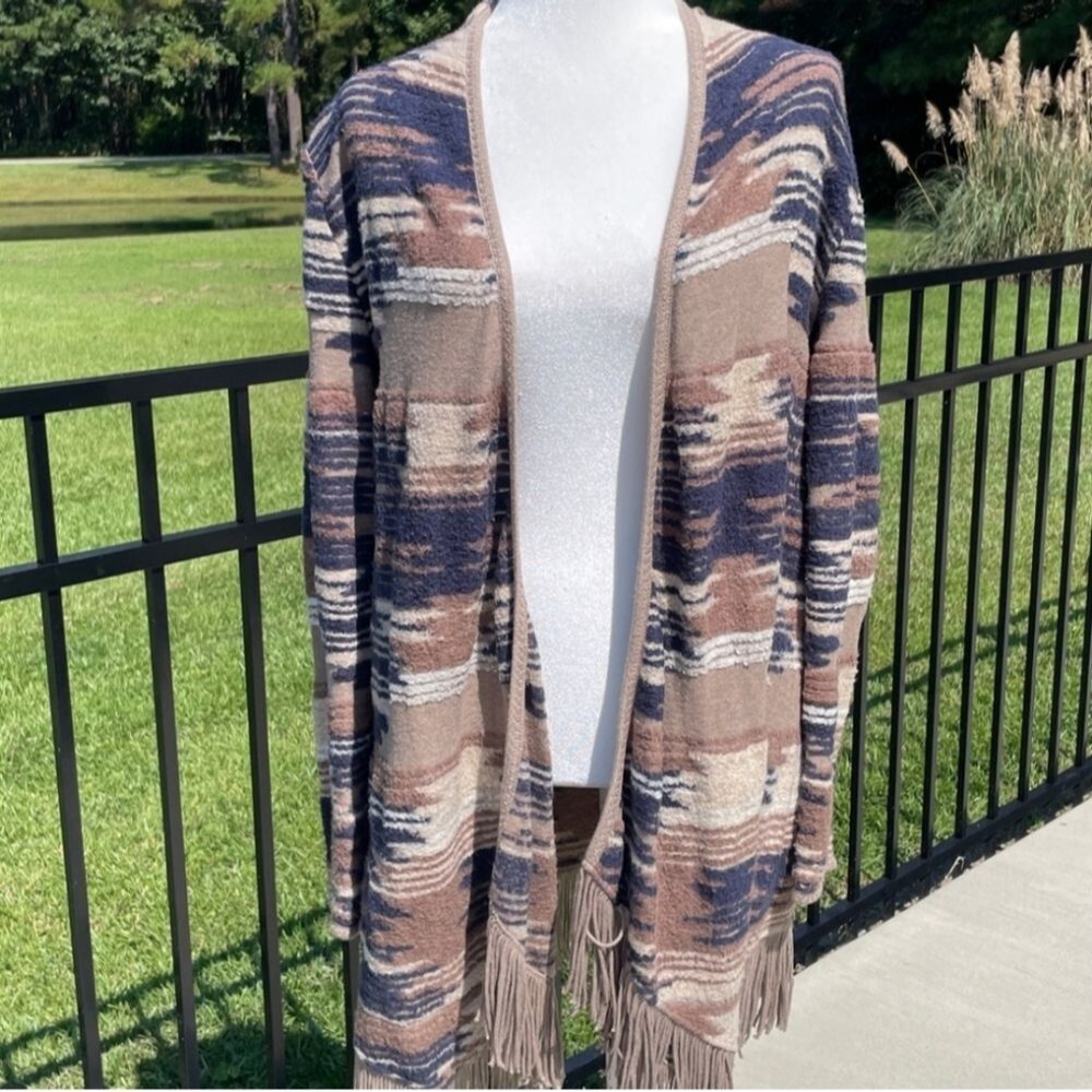 Lucky Brand Patterned Fringe Open Front Cardigan Size Med